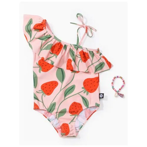 50665, Детский купальник слитный для девочек Happy Baby с защитой от солнца, розовый с ягодками, размер 92-98