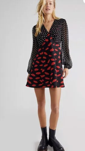 Мини-платье NWT Free People X Rixo Lia Lips Kiss в горошек с принтом в стиле ретро XS