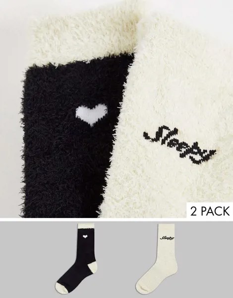 Набор из 2 пар пушистых носков черного и кремового цветов с принтом 