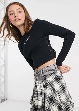 Черный лонгслив с завязками по бокам и принтом New Look-Черный цвет