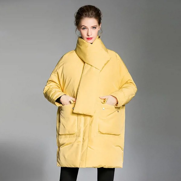 Корейская модная Свободная куртка SofBeauForY на белом утином пуху, Женский Повседневный Шарф, модное зимнее пальто для женщин