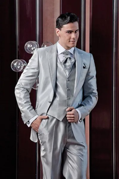 Серебристые облегающие смокинги по индивидуальному заказу, лучшие мужские высококачественные официальные костюмы на одной пуговице (пидж...