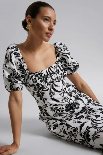 Льняное платье миди с пышными рукавами H&M, черный