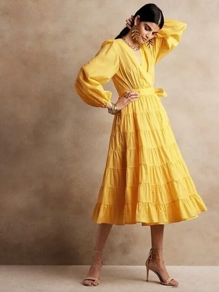 BANANA REPUBLIC Платье с запахом Stampa, L, большой размер | Желтый зонт миди #836649 НОВИНКА