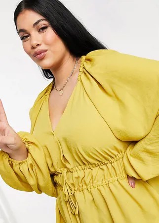 Атласный топ горчичного цвета с рукавами «летучая мышь» и завязкой ASOS DESIGN Curve-Желтый
