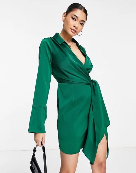 Атласное платье-рубашка мини с драпировкой ASOS DESIGN-Зеленый цвет