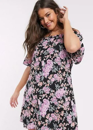 Платье мини с открытыми плечами и цветочным принтом Fashion Union Plus-Черный цвет