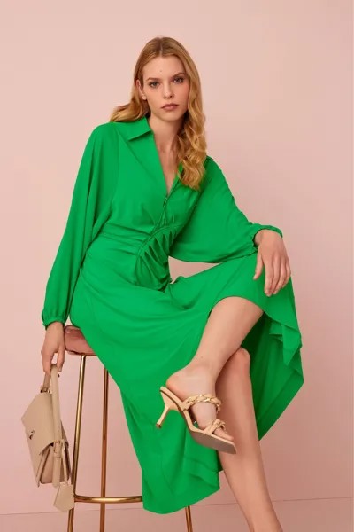 Плиссированное платье-рубашка миди с длинными рукавами Next, зеленый