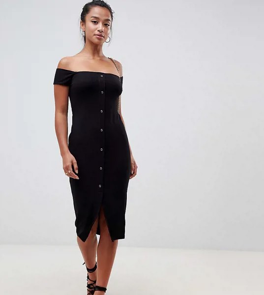 Платье миди в рубчик с открытыми плечами и кнопками ASOS DESIGN Petite-Черный