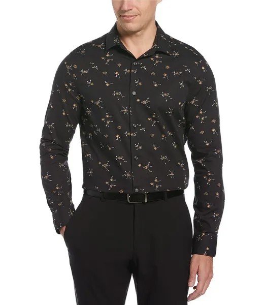 Мини-рубашка из эластичной ткани Perry Ellis с цветочным принтом и длинными рукавами, черный