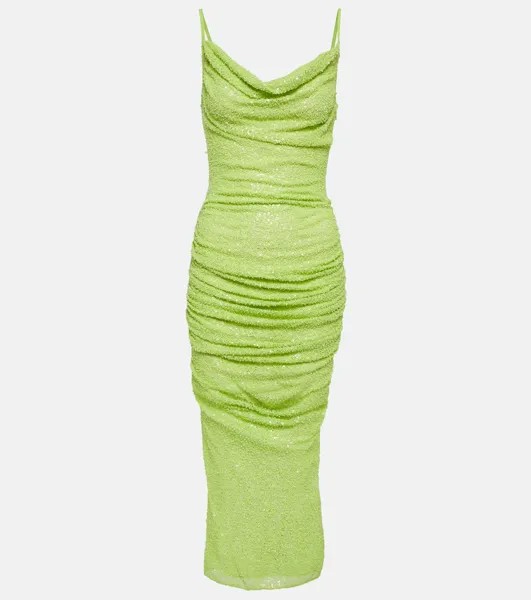 Сетчатое платье миди со сборками и бусинами SELF-PORTRAIT, зеленый