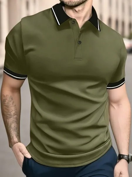 Мужская рубашка поло с короткими рукавами и пуговицами с контрастной отделкой, армейский зеленый