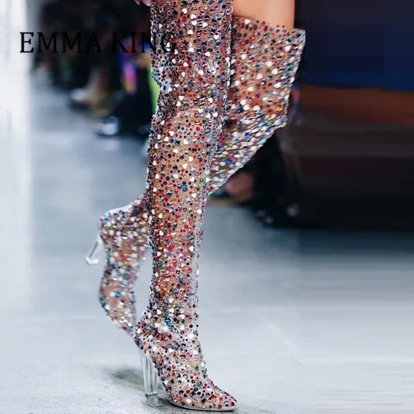 Привлекательные женские ботфорты с острым носком, женские ботфорты на массивном прозрачном каблуке, модельная обувь из ПВХ, 2021