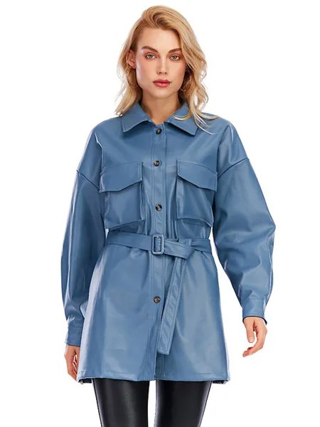 Milanoo Women Coat Blue Turndown Collar Long Sleeves Pockets Stretch Casual Maxi Coat