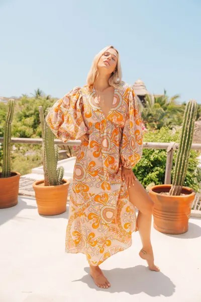 Платье макси с принтом и разрезами по бокам Sundress, оранжевый