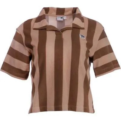 Puma Downtown Striped Toweling Cropped Polo Shirt Womens Brown Casual 537057-63