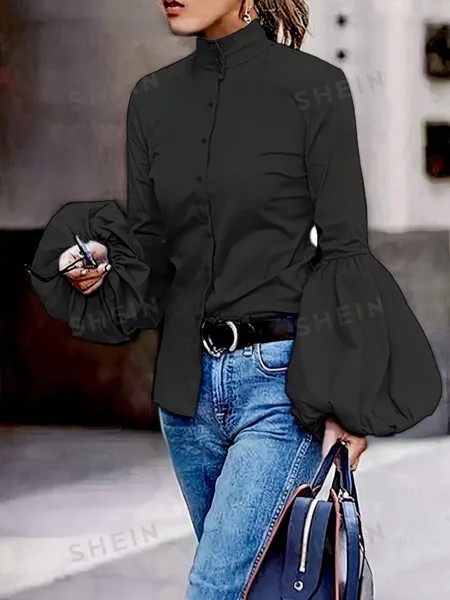SHEIN Essnce Женская блузка с воротником-стойкой и рукавами-фонариками, черный