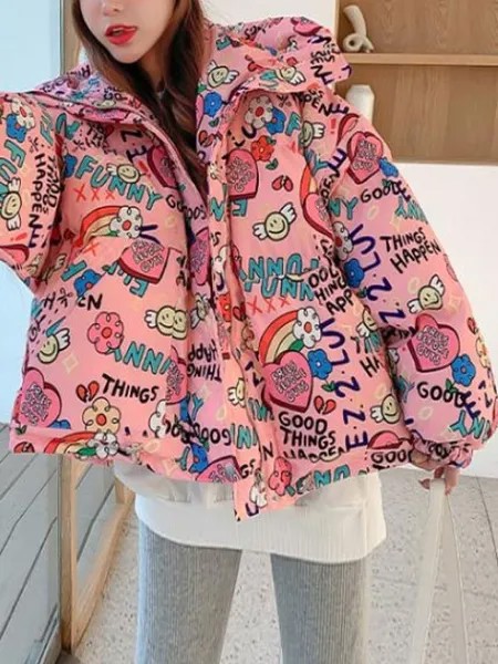 Milanoo Puffer Coats For Women Pink Short Long Sleeves Academic Thicken Winter Coat Outerwear