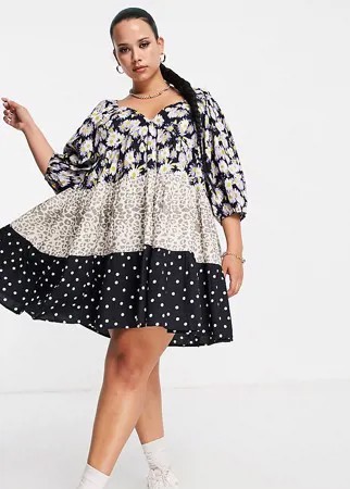 Ярусное платье мини фасона бэби долл с комбинированным принтом ASOS DESIGN Curve-Разноцветный