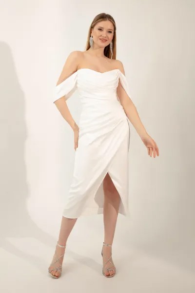 Женское белое вечернее платье миди с вырезом лодочкой и драпировкой Lafaba, белый