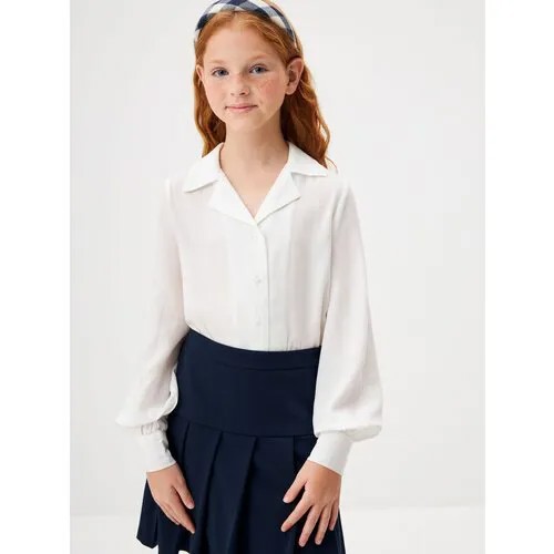 Школьная блуза Sela, прямой силуэт, на пуговицах, длинный рукав, без карманов, однотонная, размер 146, белый