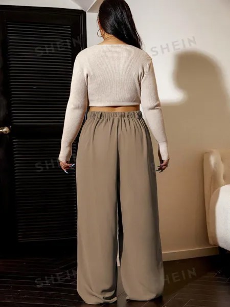 Костюмные брюки EZwear Plus, однотонные, высокая талия, широкие штанины Shein, хаки