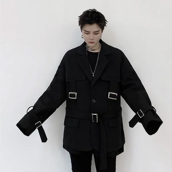 Мужская мода шоу сценическая одежда Harajuku уличная костюм пальто Верхняя одежда мужские ленты черный белый Повседневный пиджак