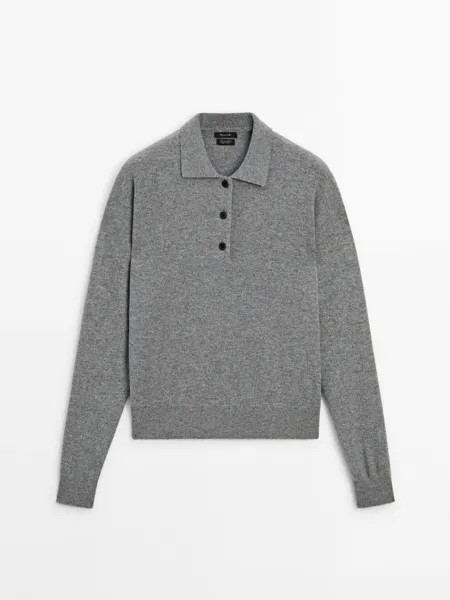 Вязаный кашемировый свитер с воротником-поло Massimo Dutti, серый