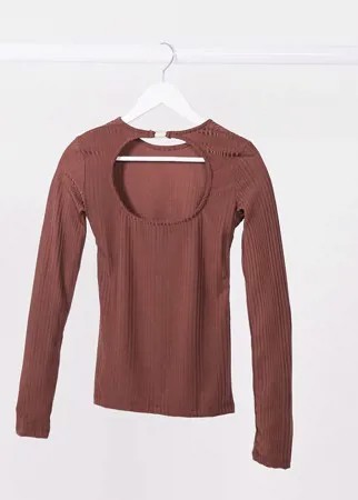 Трикотажный коричневый лонгслив с открытой спиной Stradivarius-Черный