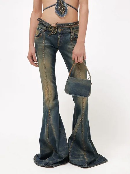 Женские джинсы, трендовые облегающие брюки-клеш с высокой талией, из искусственного бисера, y2k, одежда, новинка 2023, модные брюки высокого кач...