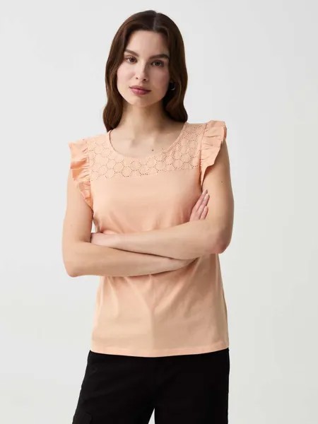 Футболка со вставкой из английской вышивки и воланами Ovs, цвет peach orange