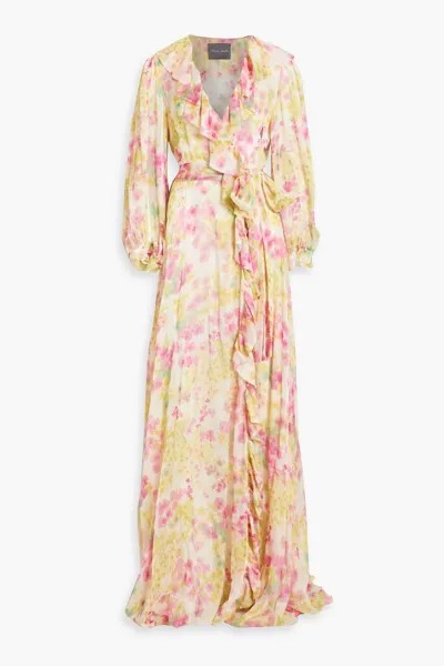Платье из шелкового шифона с оборками и цветочным принтом MONIQUE LHUILLIER, розовый