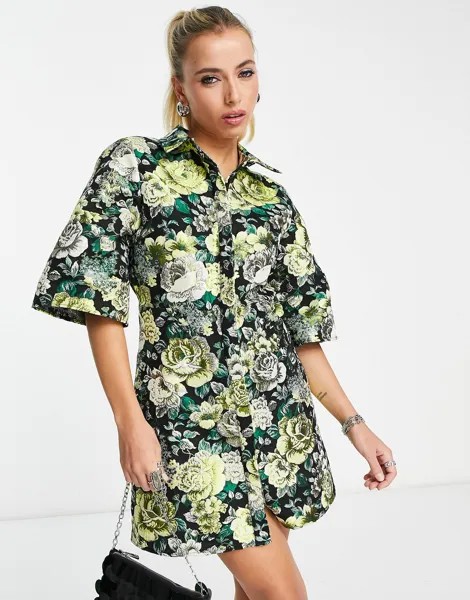 Платье-рубашка мини с металлизированным жаккардовым рукавом-кимоно и крупным цветочным принтом ASOS DESIGN