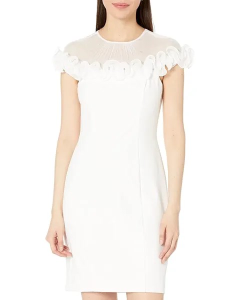 Платье Adrianna Papell Stretch Knit Crepe Sheath Dress with Illusion Neckline & Ruffle Detail, слоновая кость
