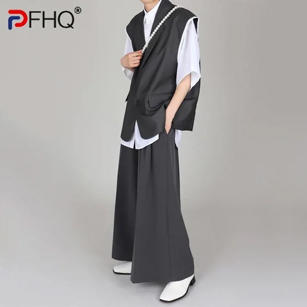 Мужской костюм без рукавов и брюки PFHQ, Однотонная рубашка с V-образным вырезом, корейская мода, весна 2023, стильный новый мужской повседневный...