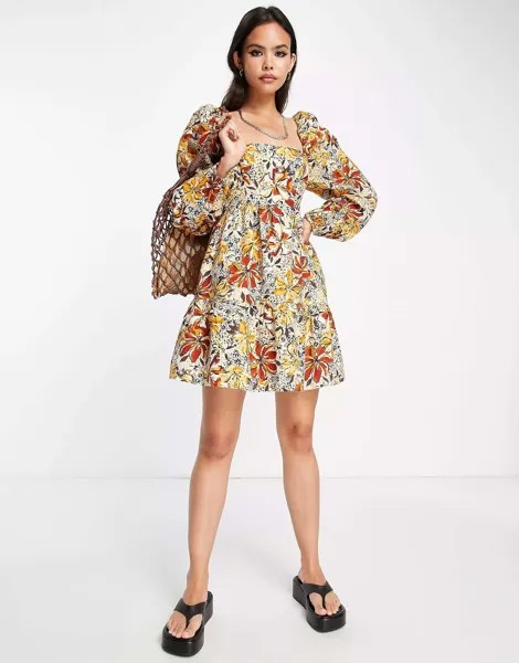 & Other Stories мини-платье с объемными рукавами в осеннем цветочном стиле