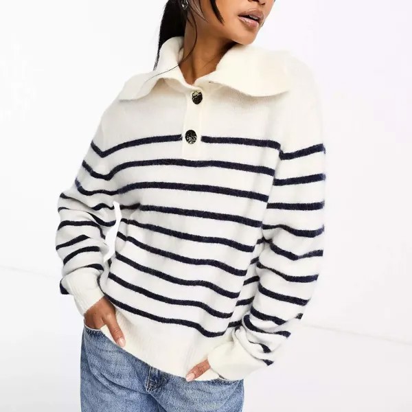 Джемпер & Other Stories Alpaca And Wool Blend With Buttoned Collar In Stripe, белый