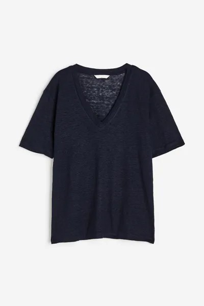 Льняная футболка из джерси с V-образным вырезом H&M, темно-синий
