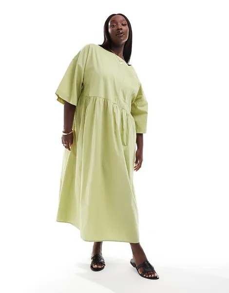 ASOS DESIGN Curve – Зеленое свободное платье-футболка миди из поплина