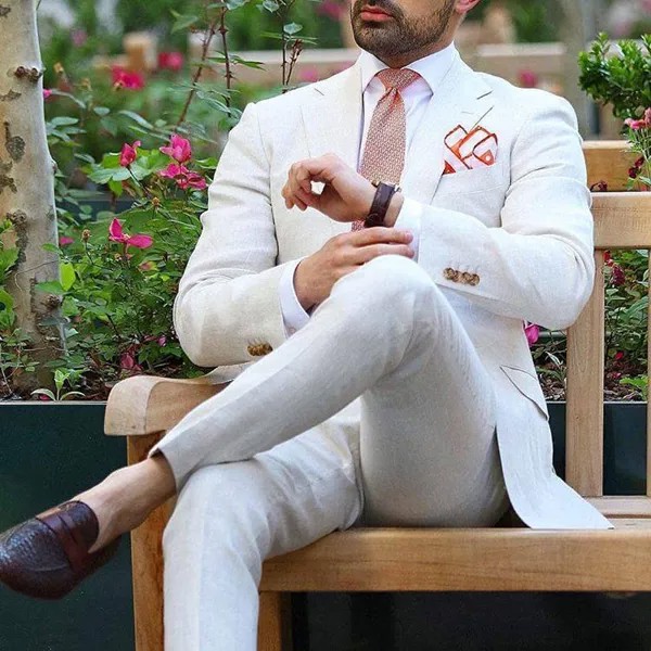 Мужской облегающий деловой льняной костюм ANNIEBRITNEY цвета слоновой кости, лето 2020, свадебный смокинг для жениха, повседневный мужской костюм