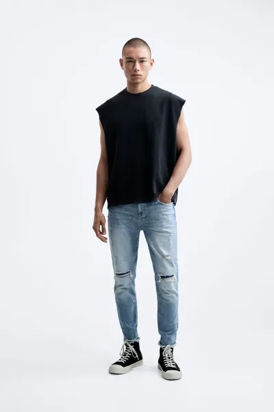 Рваные джинсы с тканевыми вставками Zara, средне-синий