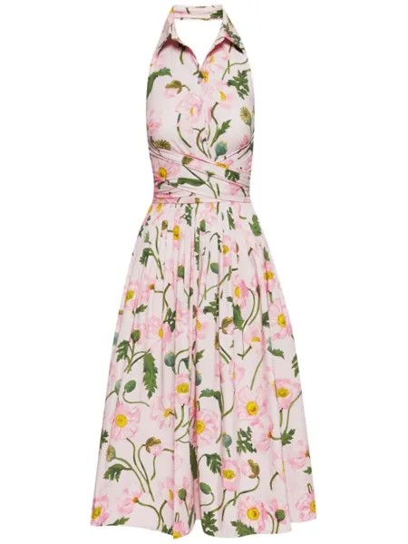 Oscar de la Renta поплиновое платье миди с принтом Painted Poppies, розовый
