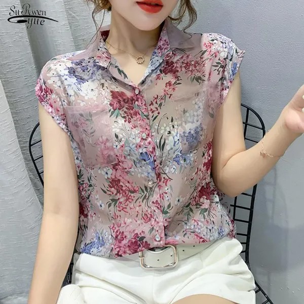 Женская летняя блузка с коротким рукавом и принтом в цветочек