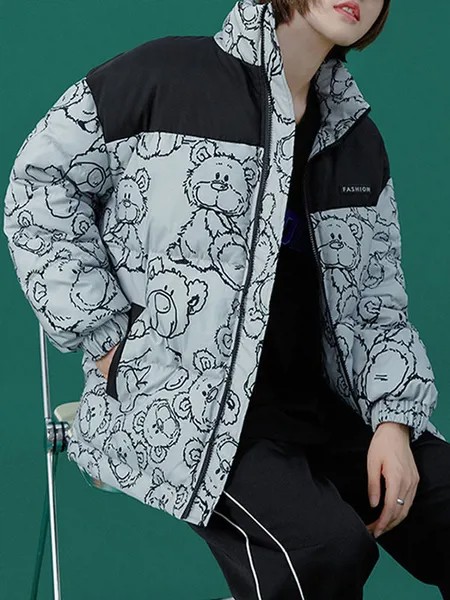 Milanoo Puffer Coats For Women Grey Wind Proof Long Sleeves Polyester Thicken Short Outerwear