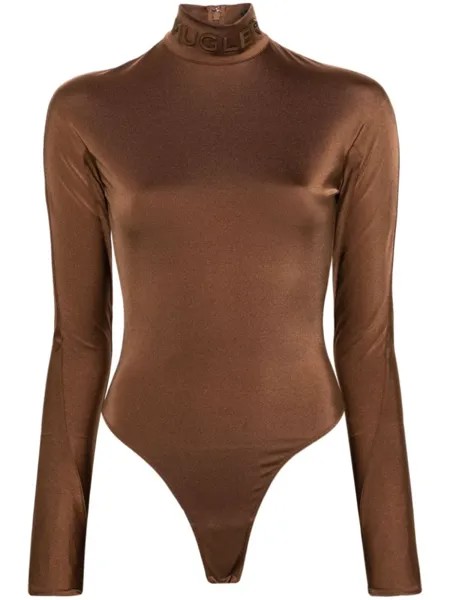 Mugler атласное боди с логотипом, коричневый