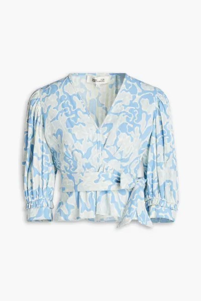 Плиссированная блузка из хлопкового жаккарда с принтом Diane Von Furstenberg, светло-синий
