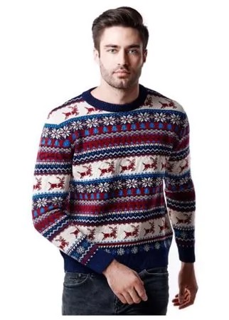 Мужской свитер, классический скандинавский орнамент, паттерн Олени и снежинки, натуральная шерсть, синий, красный, цвет, размер L