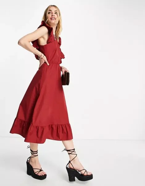 Красное платье миди с запахом спереди и рюшами Vero Moda Aware