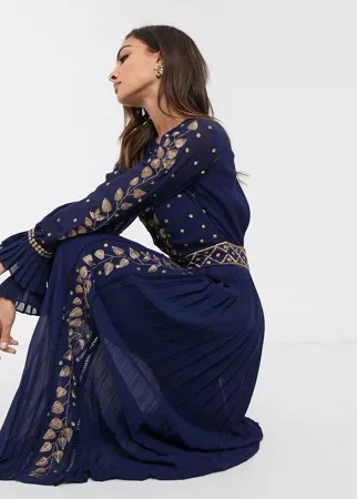 Декорированное платье макси с длинными рукавами Frock & Frill-Темно-синий