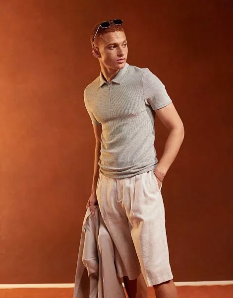 ASOS DESIGN – Бежевая рубашка-поло со структурированной мускулатурой и воротником на молнии